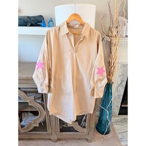 Caryn Lawn Preppy Dress Tan Pink Star Elbow Patches Womens One Size